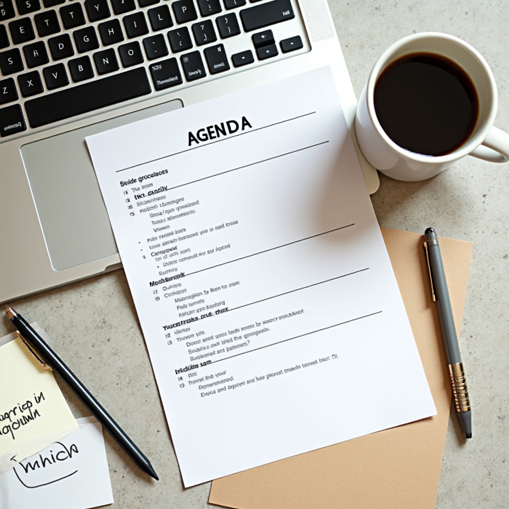 Professional workspace showing agenda design and material preparation for investor assembly