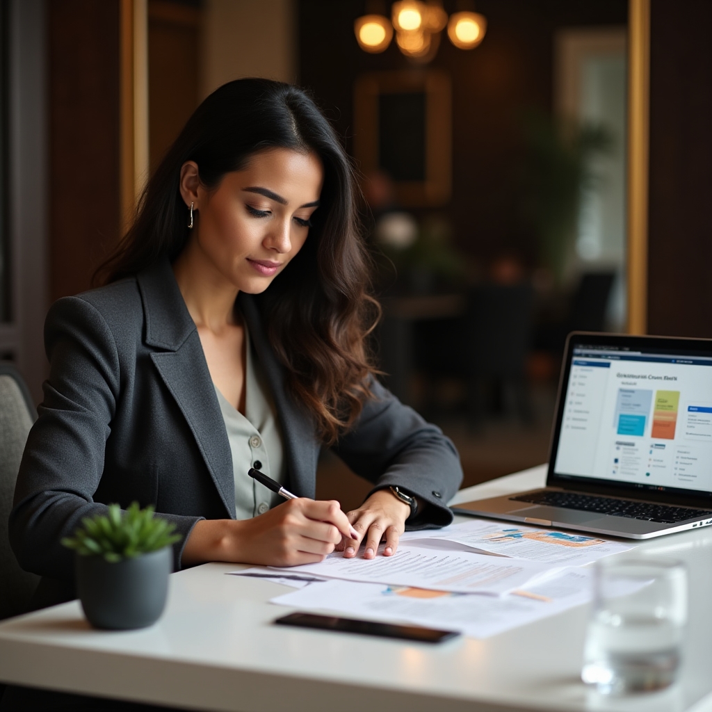 Professional preparing agenda and materials for an investor assembly