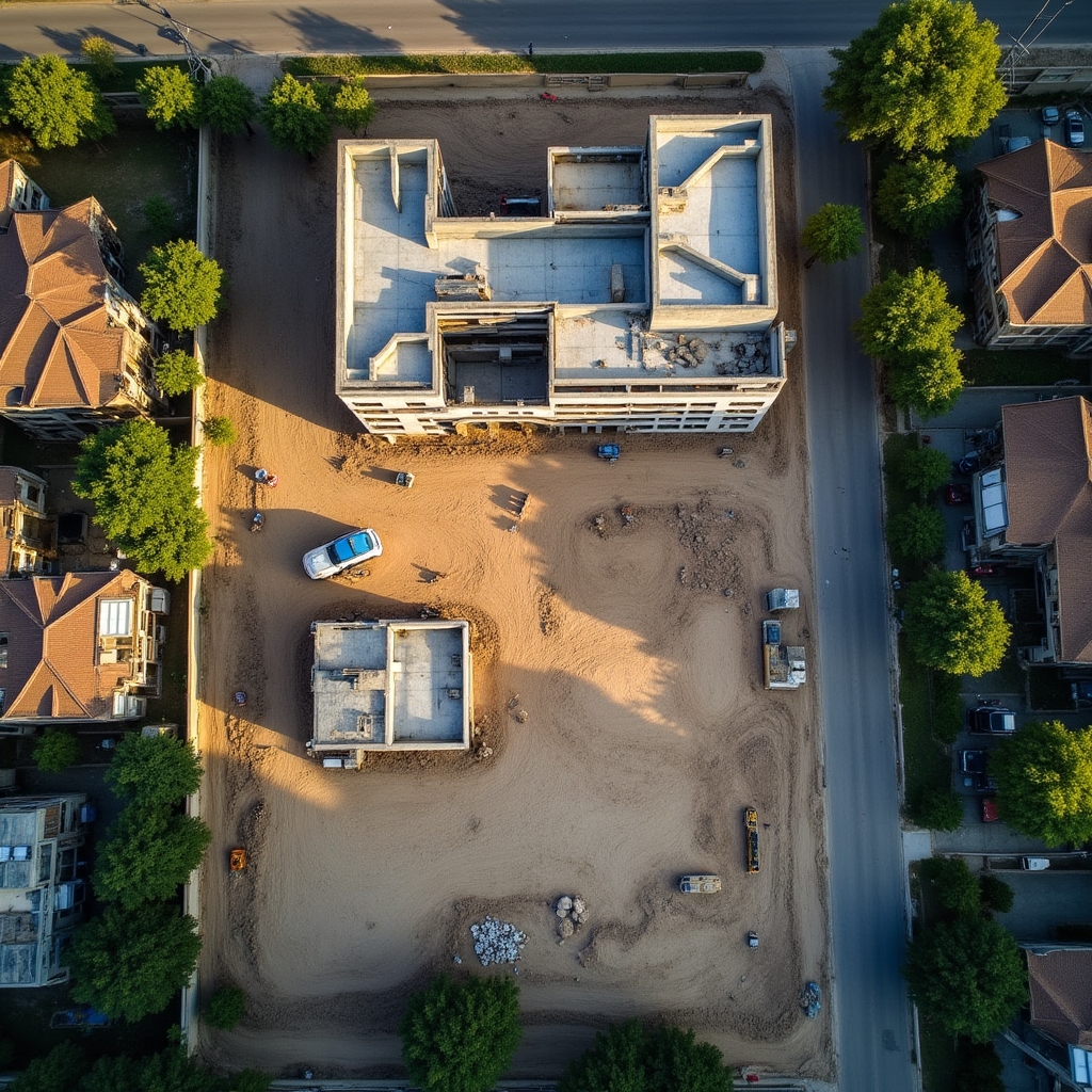 Aerial view of real estate development project showing construction progress in Argentina